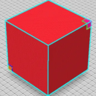 A red solid cuboid. The cuboid has a cyan outline. In two corners are highlighted blocks specifying the defined points of the cuboid.